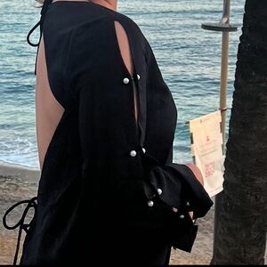 Black Open-Back Pearl-Accent Women's Dress